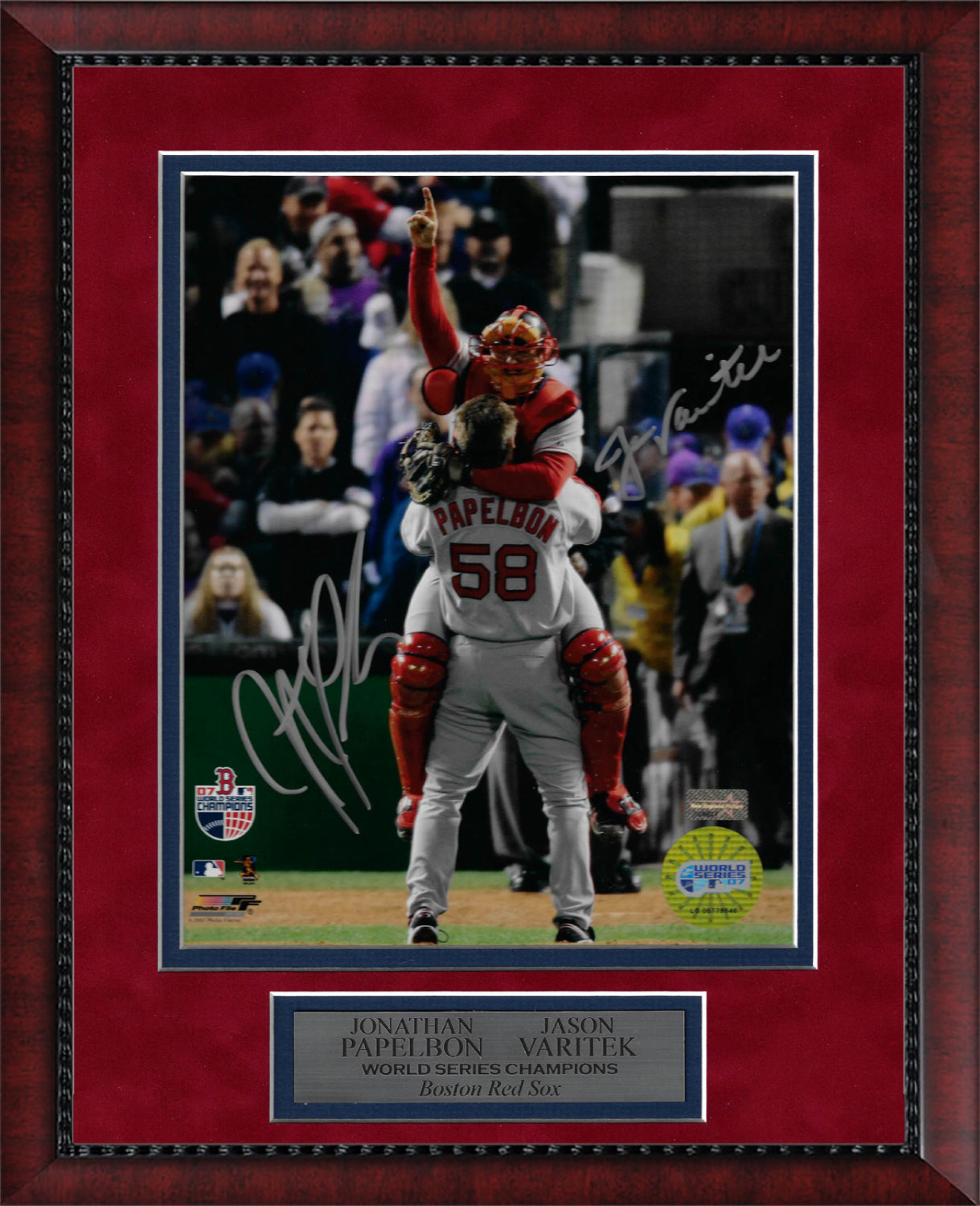 Jonathan Papelbon Jason Varitek Double Autograph Photo Celebration Hug 2007 World Series 11x14