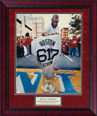 Jonny Gomes Autograph Photo Boston Marathon Finish Line Trophy 23x27 New England Picture Authentication