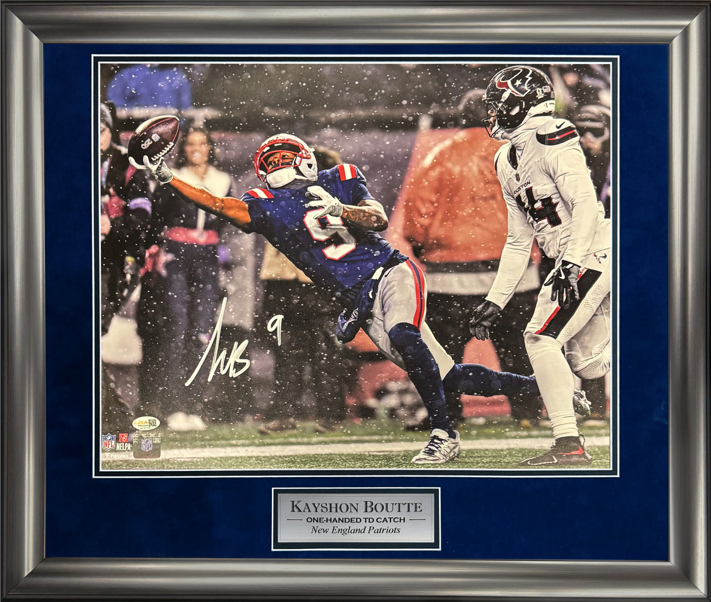 Kayshon Boutte Autograph 16x20 Photo - One Handed TD Catch - New England Patriots - Framed 23x27 - JSA Authentication