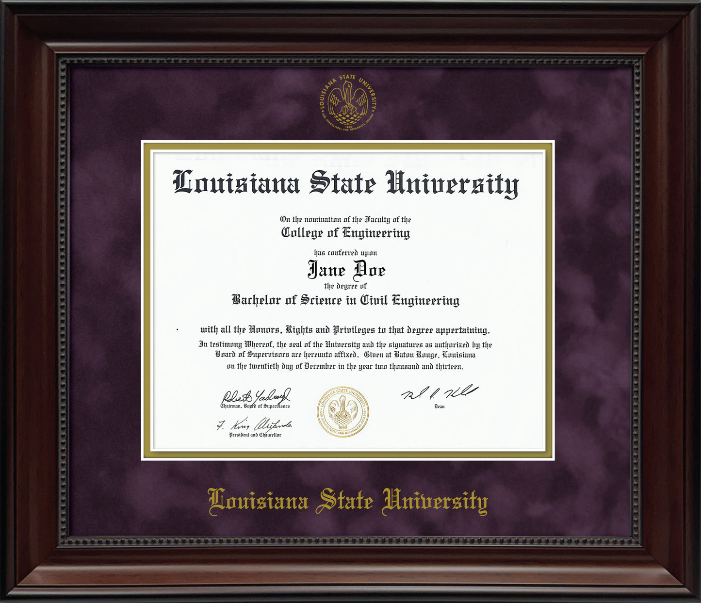 Louisiana State University Diploma Frame - Officially Licensed - Cherry Finish Wood with Bead Frame with Purple Suede and Gold Mats