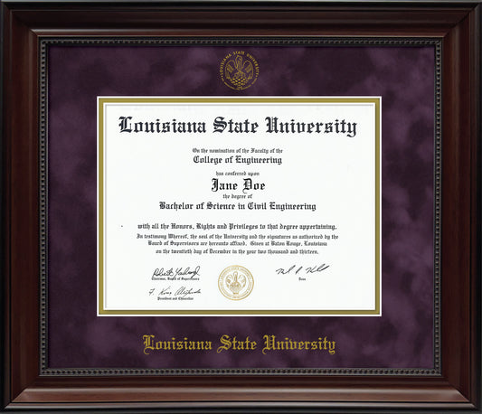 Louisiana State University Diploma Frame - Officially Licensed - Cherry Finish Wood with Bead Frame with Purple Suede and Gold Mats
