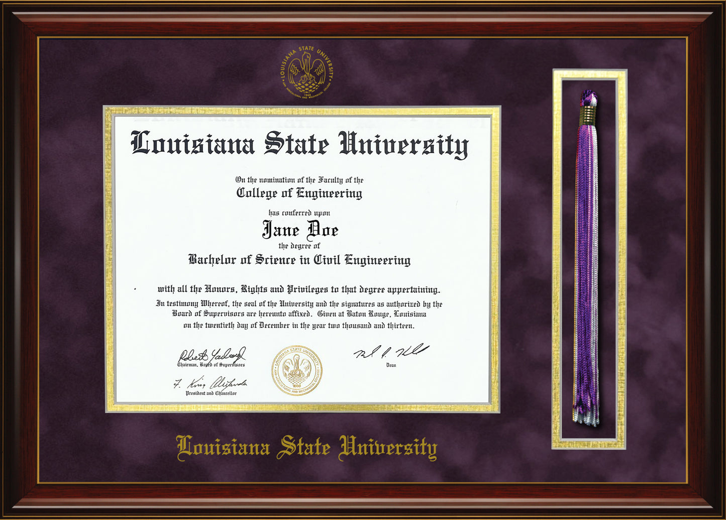 Louisiana State University Diploma Frame with Tassel Holder – Officially Licensed - Glossy Mahogany Frame with Gold Accent Lines and Royal Purple Suede and Gold Mats. Embossed LSU School Seal and Olde English Lettering