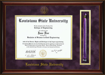 Louisiana State University Diploma Frame with Tassel Holder – Officially Licensed - Glossy Mahogany Frame with Gold Accent Lines and Royal Purple Suede and Gold Mats. Embossed LSU School Seal and Olde English Lettering