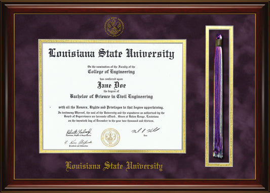 Louisiana State University Diploma Frame with Tassel Holder – Officially Licensed - Glossy Mahogany Frame with Gold Accent Lines and Royal Purple Suede and Gold Mats. Embossed LSU School Seal and Olde English Lettering