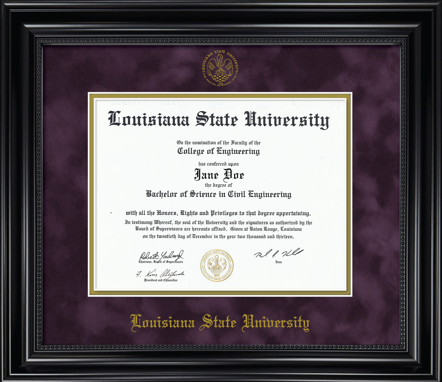 Louisiana State University Diploma Frame - Officially Licensed - Black Wood Frame with Beaded Detail with Purple Suede and Gold Mats