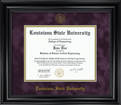 Louisiana State University Diploma Frame - Officially Licensed - Black Wood Frame with Beaded Detail with Purple Suede and Gold Mats