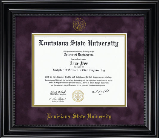 Louisiana State University Diploma Frame - Officially Licensed - Black Wood Frame with Beaded Detail with Purple Suede and Gold Mats