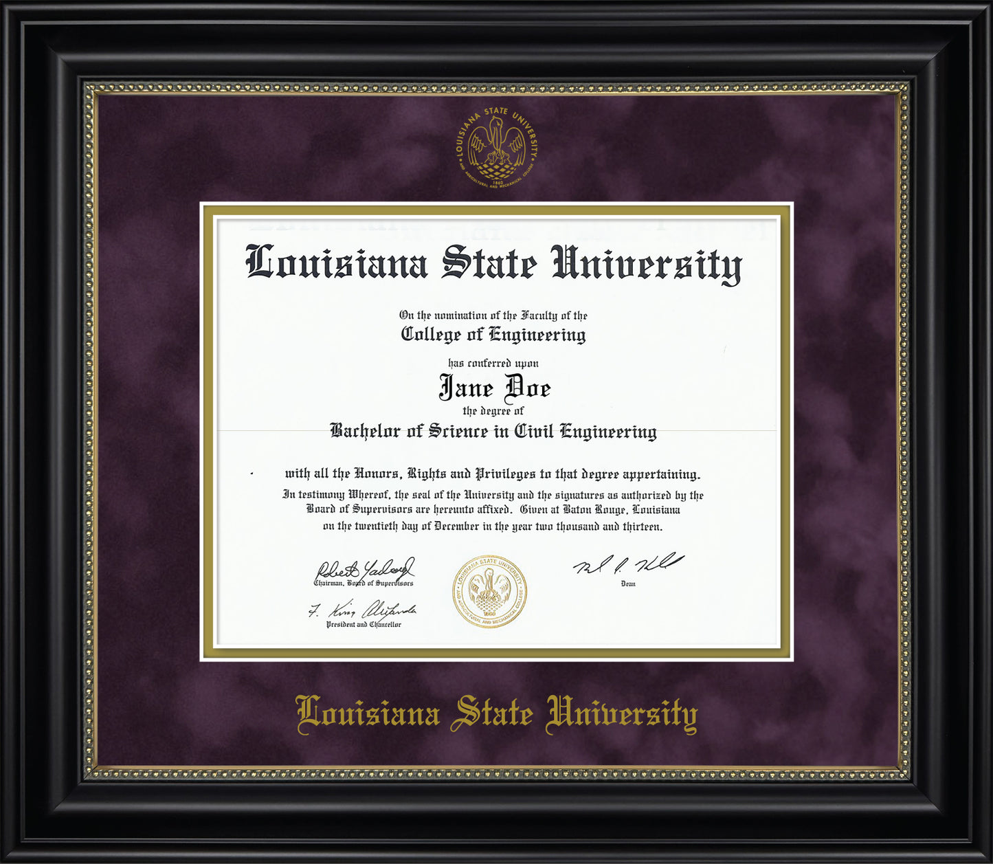 Louisiana State University LSU Diploma Frame - Officially Licensed - Black Wood Frame with Gold Bead Detail with Purple Suede and Gold Mats