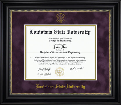 Louisiana State University LSU Diploma Frame - Officially Licensed - Black Wood Frame with Gold Bead Detail with Purple Suede and Gold Mats