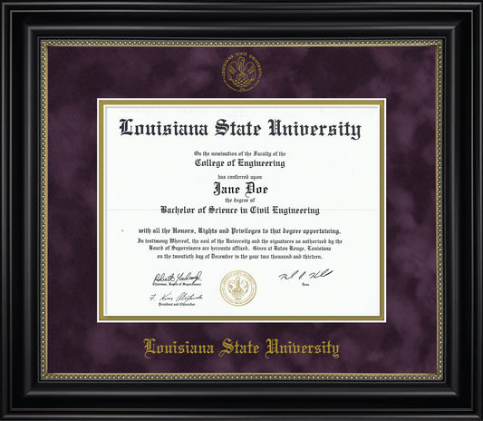 Louisiana State University LSU Diploma Frame - Officially Licensed - Black Wood Frame with Gold Bead Detail with Purple Suede and Gold Mats