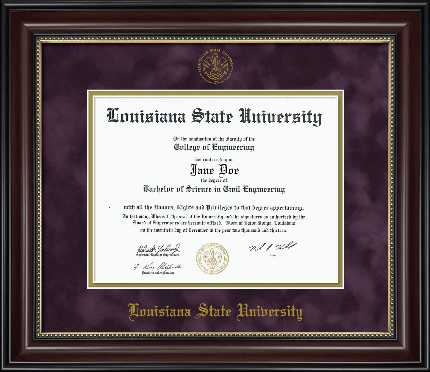 Louisiana State University Diploma Frame - Officially Licensed - Cherry Wood Frame with Gold Bead Detail with Purple Suede and Gold Mats