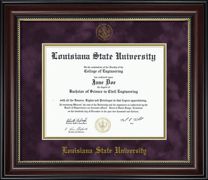 Louisiana State University Diploma Frame - Officially Licensed - Cherry Wood Frame with Gold Bead Detail with Purple Suede and Gold Mats