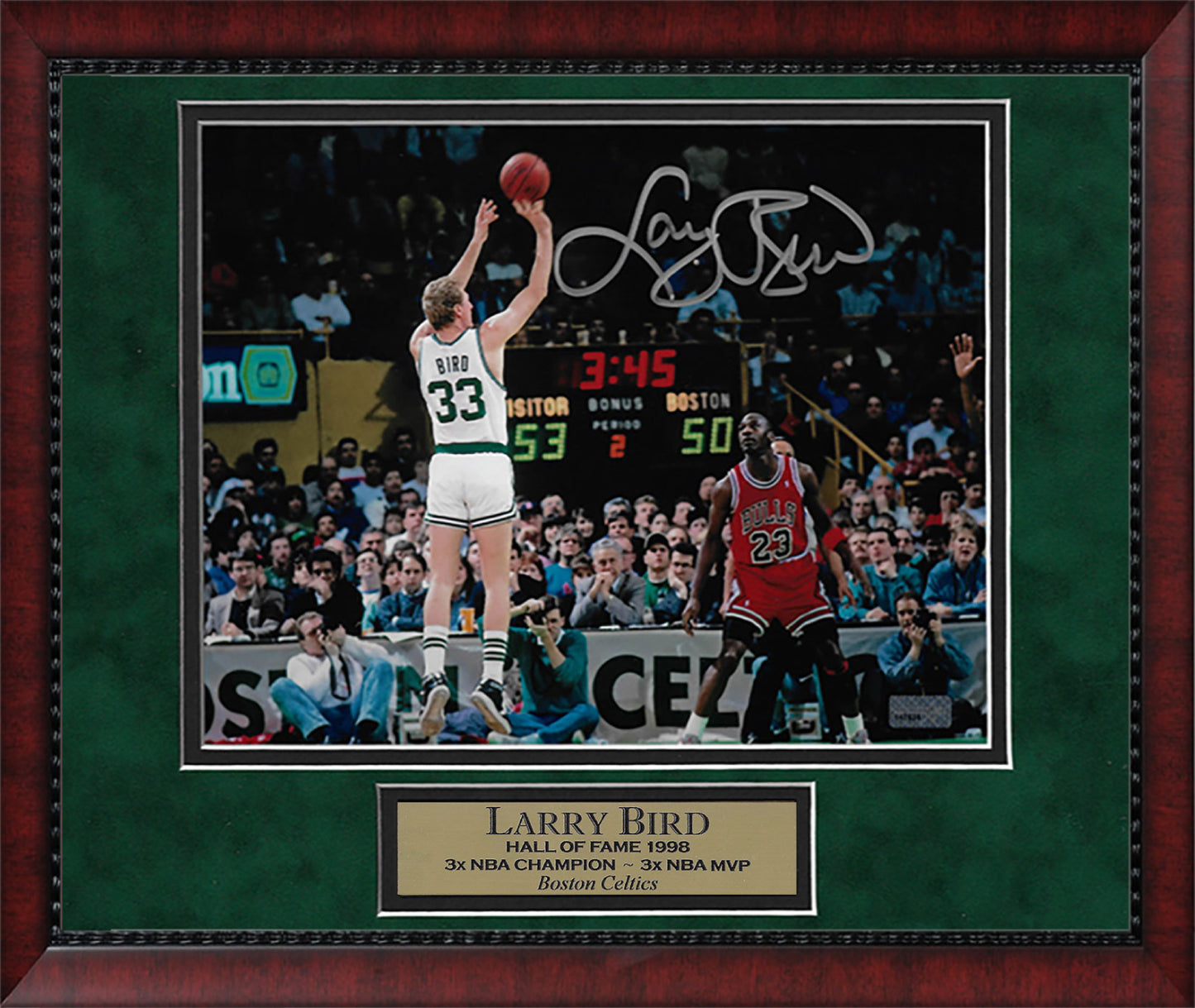 Larry Bird Autograph Photo Jump Shot Over Michael Jordan 11x14