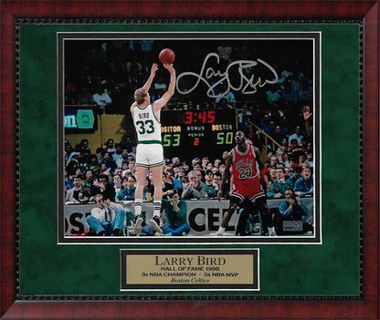 Larry Bird Autograph Photo Jump Shot Over Michael Jordan 11x14