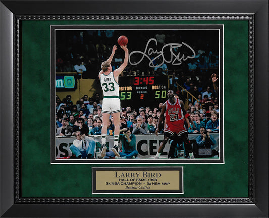 Larry Bird Autograph Photo Jump Shot Over Michael Jordan 11x14