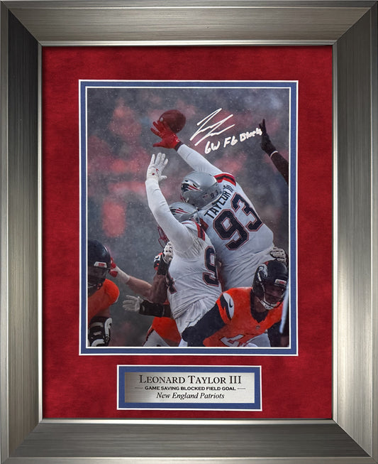 Leonard Taylor III Autograph 8x10 Photo - Blocked Field Goal - New England Patriots - Framed 13x16 - New England Picture Authentication