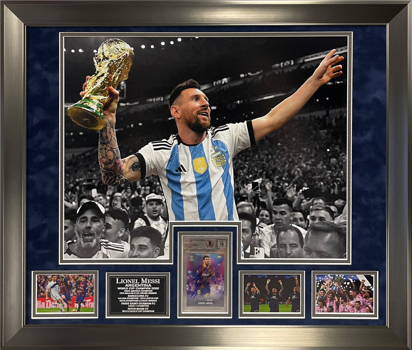 Lionel Messi Autograph Trading Card - Champion Insert Collage - Framed 23x27 - Beckett Authentication