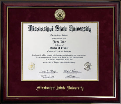 Mississipppi State University Diploma Frame - Officially Licensed - Glossy Mahogany Wood Frame with Maroon and Gold Suede Mats and a Gold Mississippi State Seal Medallion
