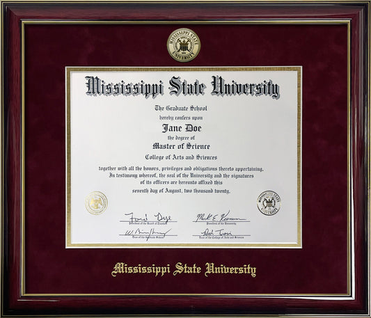 Mississipppi State University Diploma Frame - Officially Licensed - Glossy Mahogany Wood Frame with Maroon and Gold Suede Mats and a Gold Mississippi State Seal Medallion