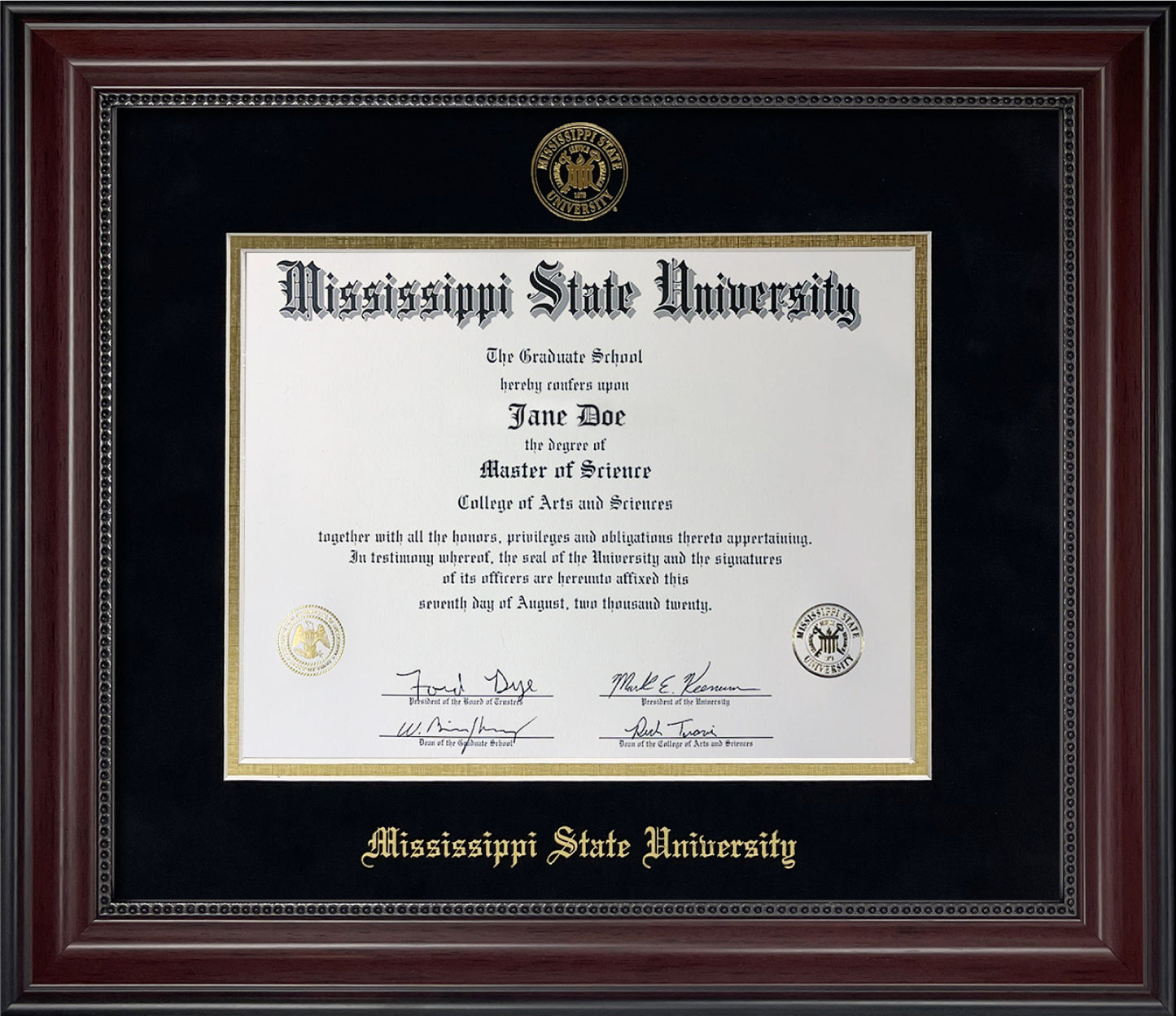 Mississipppi State University Diploma Frame - Officially Licensed - Cherry Finish Wood with Bead Frame with Black and Gold Mats. Gold Embossed Mississippi State Seal