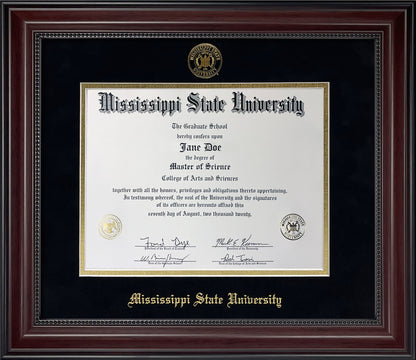 Mississipppi State University Diploma Frame - Officially Licensed - Cherry Finish Wood with Bead Frame with Black and Gold Mats. Gold Embossed Mississippi State Seal