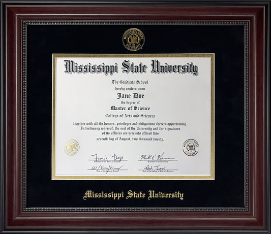Mississipppi State University Diploma Frame - Officially Licensed - Cherry Finish Wood with Bead Frame with Black and Gold Mats. Gold Embossed Mississippi State Seal