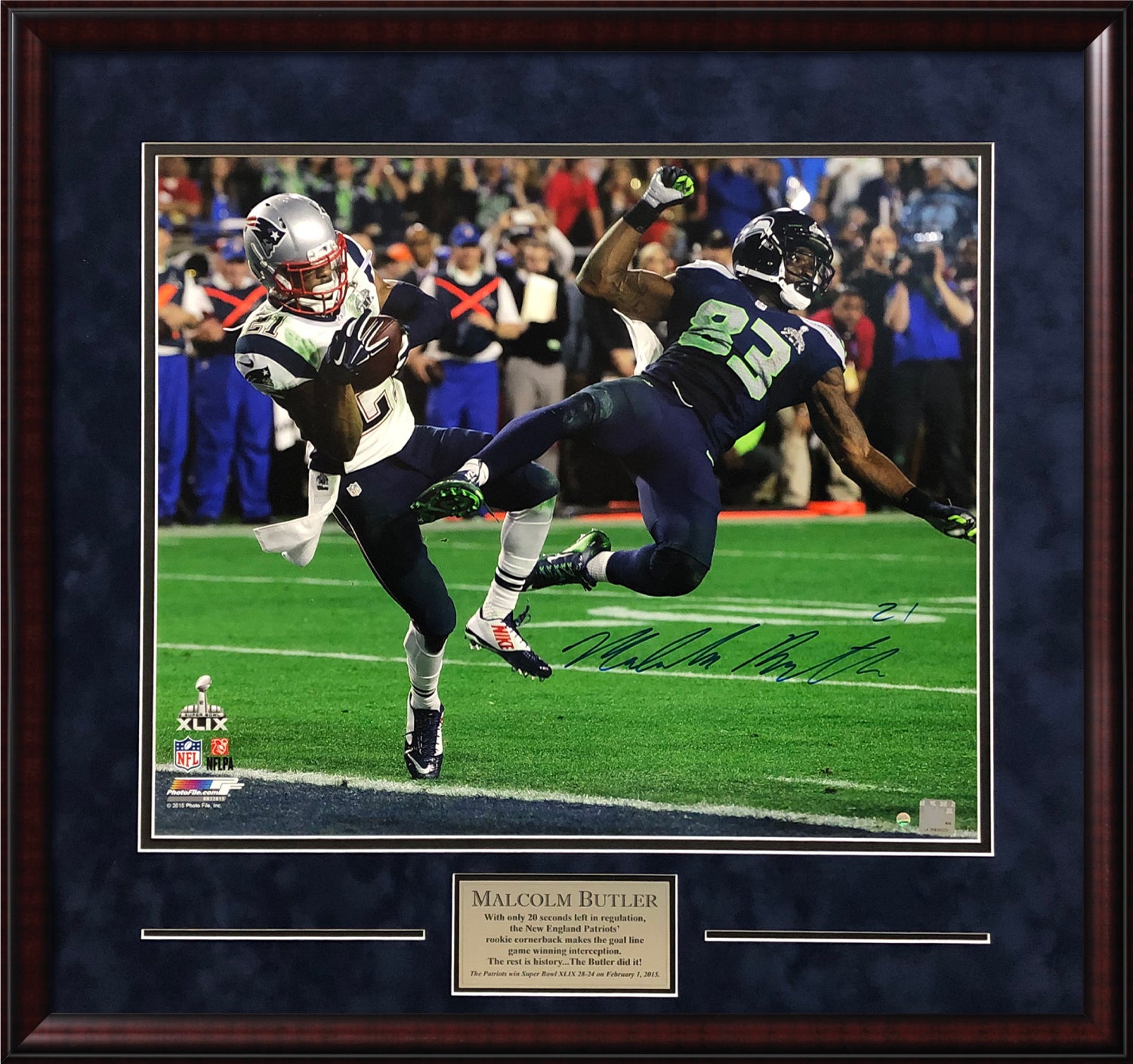 Malcolm Butler Autograph Photo SBXLIX Game Winning Interception 31x33 Steiner Authentication