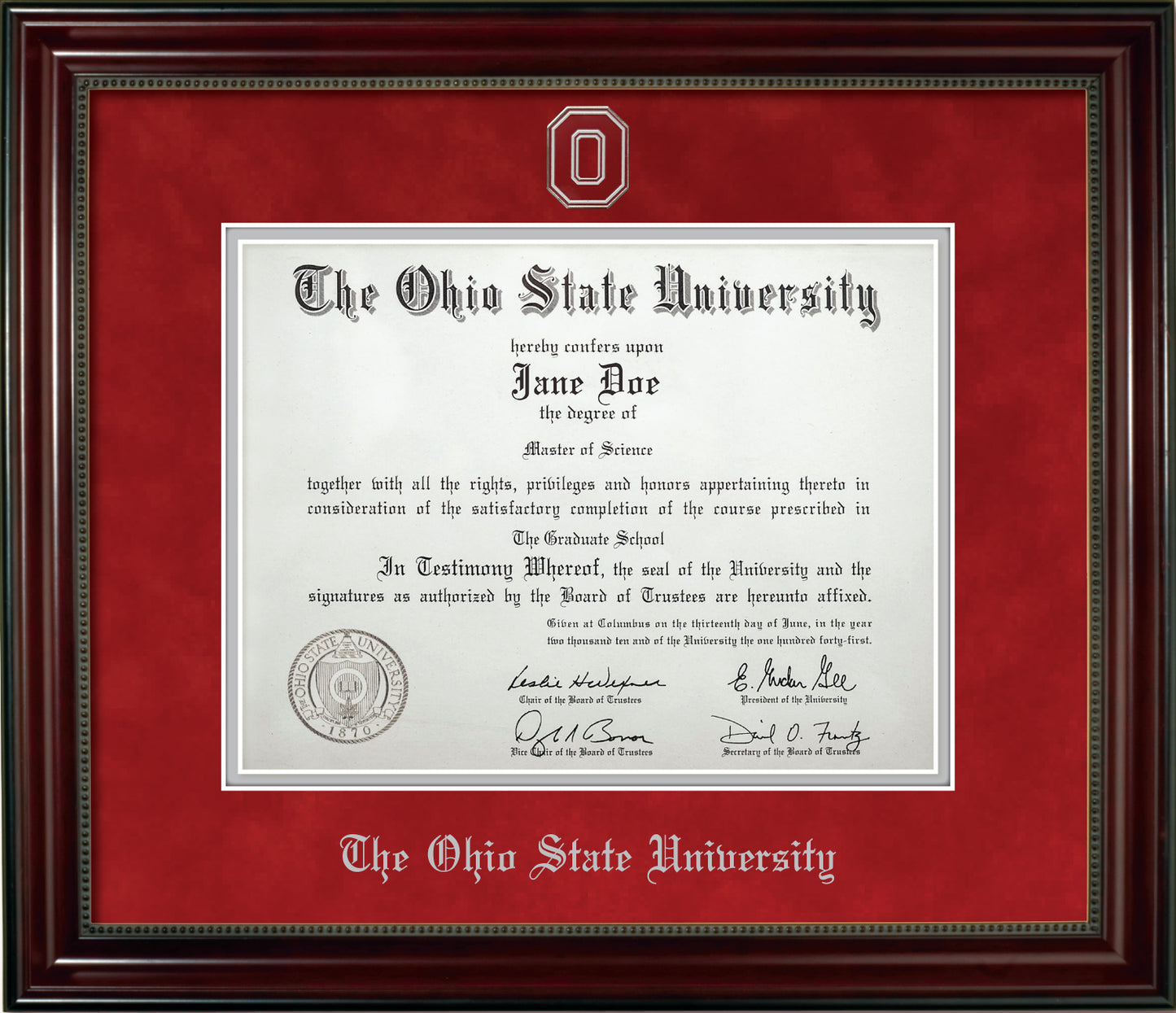 Ohio State University Diploma Frame - Officially Licensed - Cherry Finish Wood with Bead Frame with Blaze Red Suede and Silver Mats. Silver Embossed "O" Medallion and The OSU Olde English Lettering
