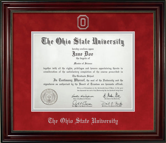 Ohio State University Diploma Frame - Officially Licensed - Cherry Finish Wood with Bead Frame with Blaze Red Suede and Silver Mats. Silver Embossed "O" Medallion and The OSU Olde English Lettering
