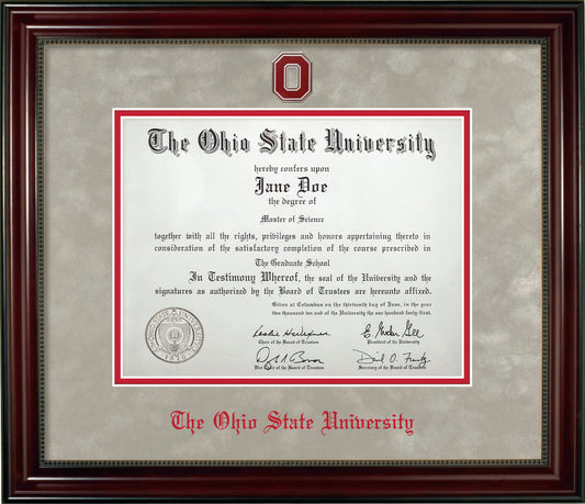 Ohio State University Diploma Frame - Officially Licensed - Cherry Finish Wood with Bead Frame with Light Silver Suede and Red Mats. Red Embossed "O" Medallion and OSU Olde English Lettering