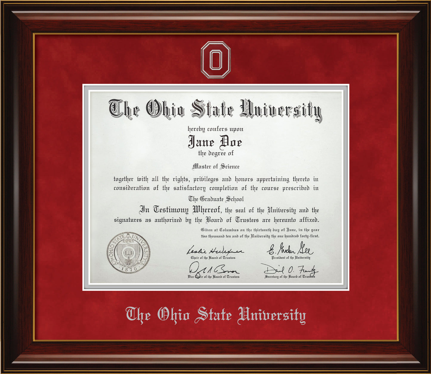 Ohio State University Diploma Frame - Officially Licensed - Glossy Mahogany Wood Frame With Gold Accent Lines and Blaze Red Suede and Silver Mats. Silver Embossed "O" Medallion and OSU Olde English Lettering