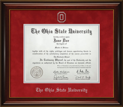 Ohio State University Diploma Frame - Officially Licensed - Glossy Mahogany Wood Frame With Gold Accent Lines and Blaze Red Suede and Silver Mats. Silver Embossed "O" Medallion and OSU Olde English Lettering