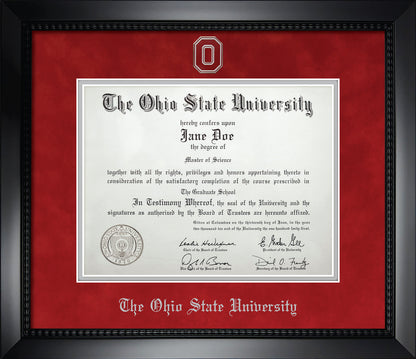 Ohio State University Diploma Frame - Officially Licensed - Matte Black Composite Eco-Friendly Treehugger™ Frame with Blaze Red Suede and Silver Mats. Silver Embossed "O" Medallion with OSU Olde English Lettering