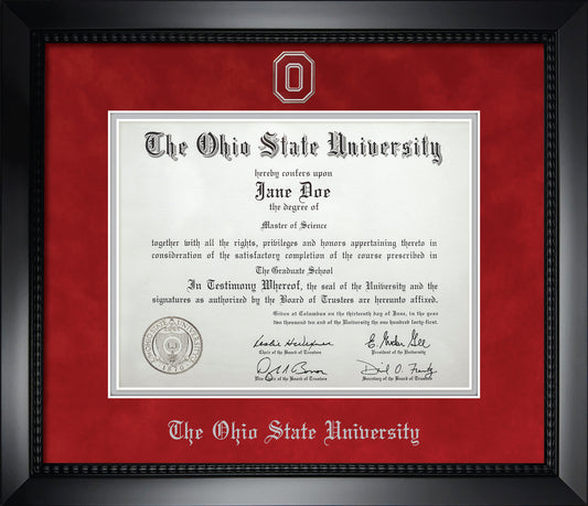 Ohio State University Diploma Frame - Officially Licensed - Matte Black Composite Eco-Friendly Treehugger™ Frame with Blaze Red Suede and Silver Mats. Silver Embossed "O" Medallion with OSU Olde English Lettering