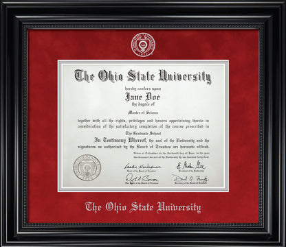 Ohio State University Diploma Frame - Officially Licensed - Black Wood Frame With Beaded Detail and Blaze Red Suede and Silver Mats. Silver Embossed OSU Seal and Ohio State University Olde English Lettering