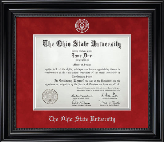 Ohio State University Diploma Frame - Officially Licensed - Black Wood Frame With Beaded Detail and Blaze Red Suede and Silver Mats. Silver Embossed OSU Seal and Ohio State University Olde English Lettering