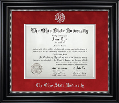 Ohio State University Diploma Frame - Officially Licensed - Black Wood Frame With Silver Bead Detail and Blaze Red Suede and Silver Mats. Embossed OSU Seal and Ohio State University Olde English Lettering