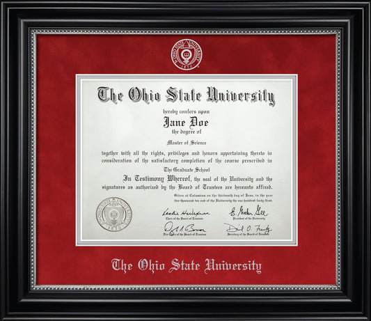 Ohio State University Diploma Frame - Officially Licensed - Black Wood Frame With Silver Bead Detail and Blaze Red Suede and Silver Mats. Embossed OSU Seal and Ohio State University Olde English Lettering