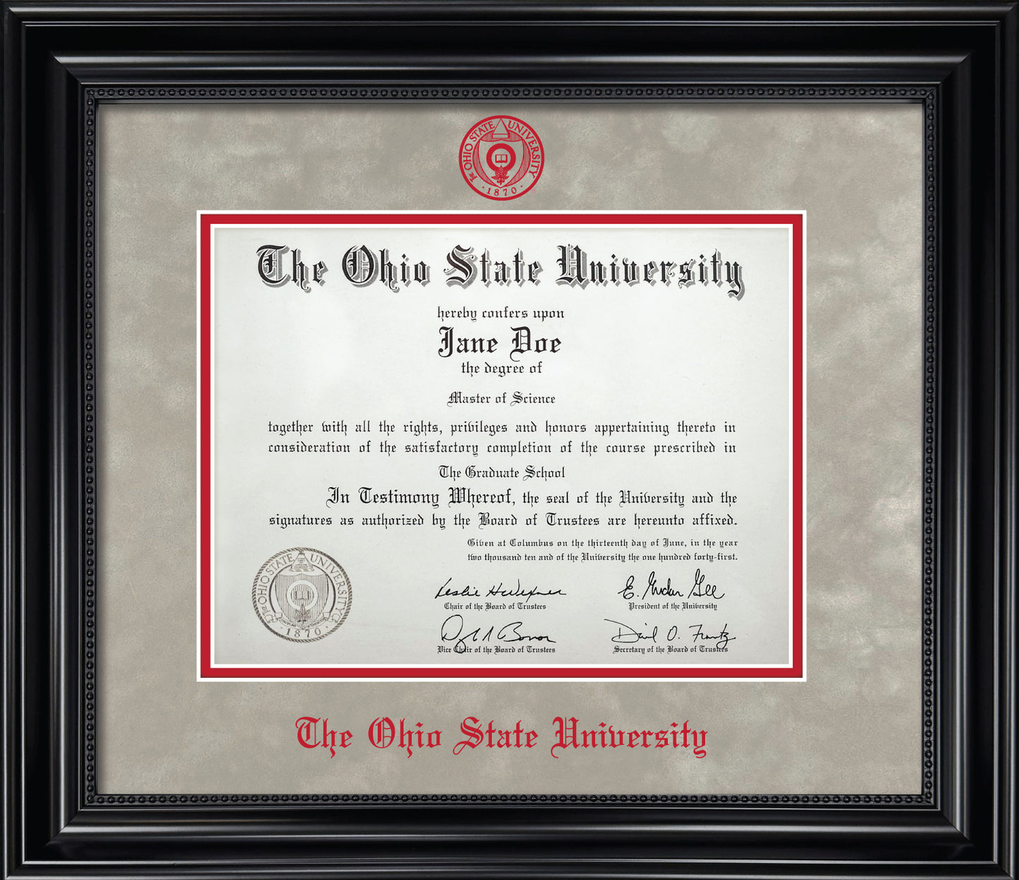Ohio State University Diploma Frame - Officially Licensed - Black Wood Frame With Beaded Detail and Light Silver Suede and Red Mats. Red Embossed OSU Seal and Ohio State University Olde English Lettering