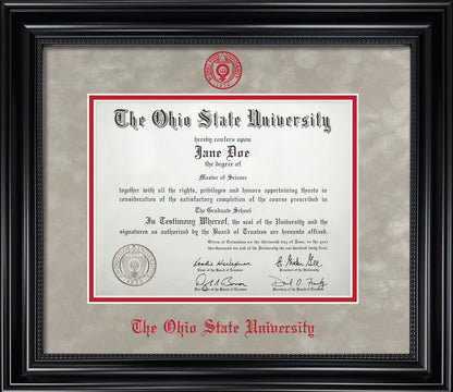 Ohio State University Diploma Frame - Officially Licensed - Black Wood Frame With Beaded Detail and Light Silver Suede and Red Mats. Red Embossed OSU Seal and Ohio State University Olde English Lettering