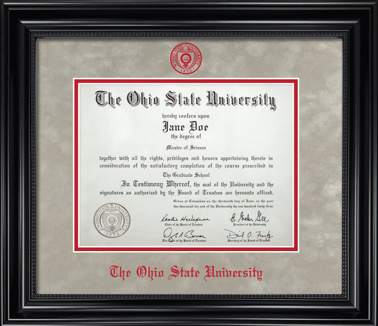Ohio State University Diploma Frame - Officially Licensed - Black Wood Frame With Beaded Detail and Light Silver Suede and Red Mats. Red Embossed OSU Seal and Ohio State University Olde English Lettering