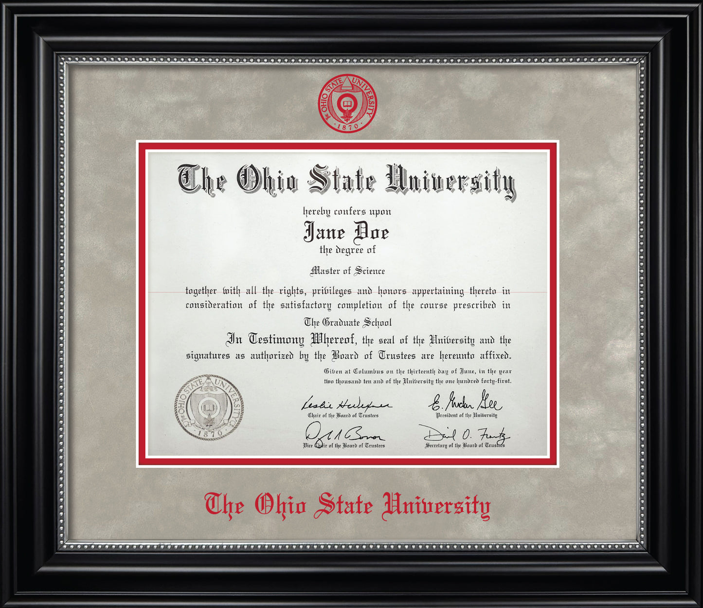 Ohio State University Diploma Frame - Officially Licensed - Black Wood Frame With Silver Bead Detail and Light Silver Suede and Red Mats. Red Embossed OSU Seal and Ohio State University Olde English Lettering