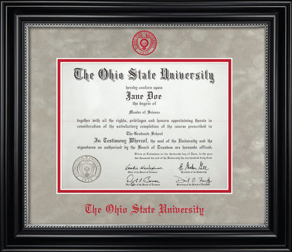 Ohio State University Diploma Frame - Officially Licensed - Black Wood Frame With Silver Bead Detail and Light Silver Suede and Red Mats. Red Embossed OSU Seal and Ohio State University Olde English Lettering