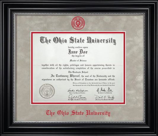 Ohio State University Diploma Frame - Officially Licensed - Black Wood Frame With Silver Bead Detail and Light Silver Suede and Red Mats. Red Embossed OSU Seal and Ohio State University Olde English Lettering