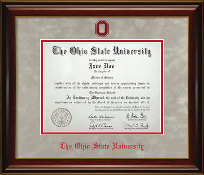 Ohio State University Diploma Frame - Officially Licensed - Glossy Mahogany Wood Frame With Gold Accent Lines and Light Silver Suede and Red Mats. Red Embossed "O" Medallion and OSU Olde English Lettering