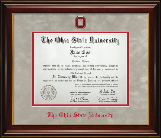 Ohio State University Diploma Frame - Officially Licensed - Glossy Mahogany Wood Frame With Gold Accent Lines and Light Silver Suede and Red Mats. Red Embossed "O" Medallion and OSU Olde English Lettering