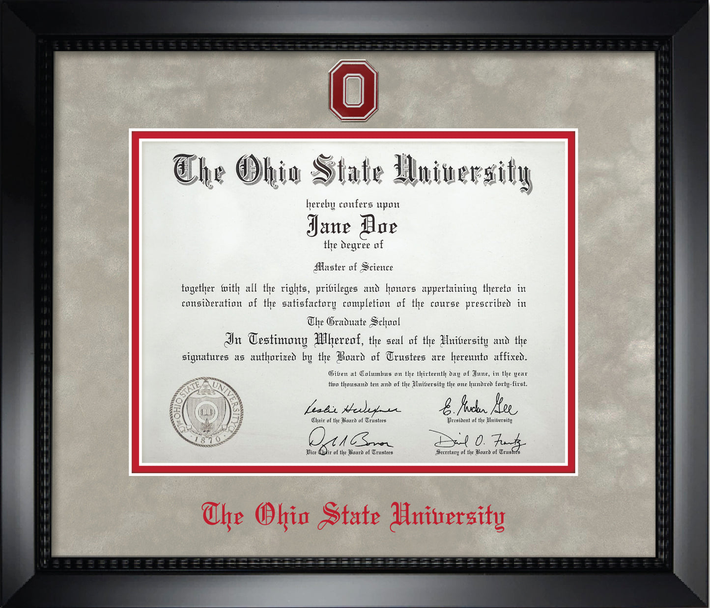 Ohio State University Diploma Frame - Officially Licensed - Matte Black Composite Eco-Friendly Treehugger™ Frame with Light Silver Suede and Red Mats. Red Embossed "O" Medallion and OSU Olde English Lettering