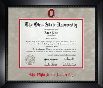 Ohio State University Diploma Frame - Officially Licensed - Matte Black Composite Eco-Friendly Treehugger™ Frame with Light Silver Suede and Red Mats. Red Embossed "O" Medallion and OSU Olde English Lettering