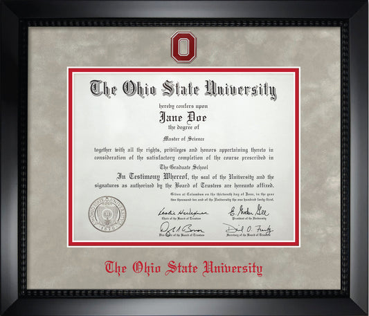 Ohio State University Diploma Frame - Officially Licensed - Matte Black Composite Eco-Friendly Treehugger™ Frame with Light Silver Suede and Red Mats. Red Embossed "O" Medallion and OSU Olde English Lettering