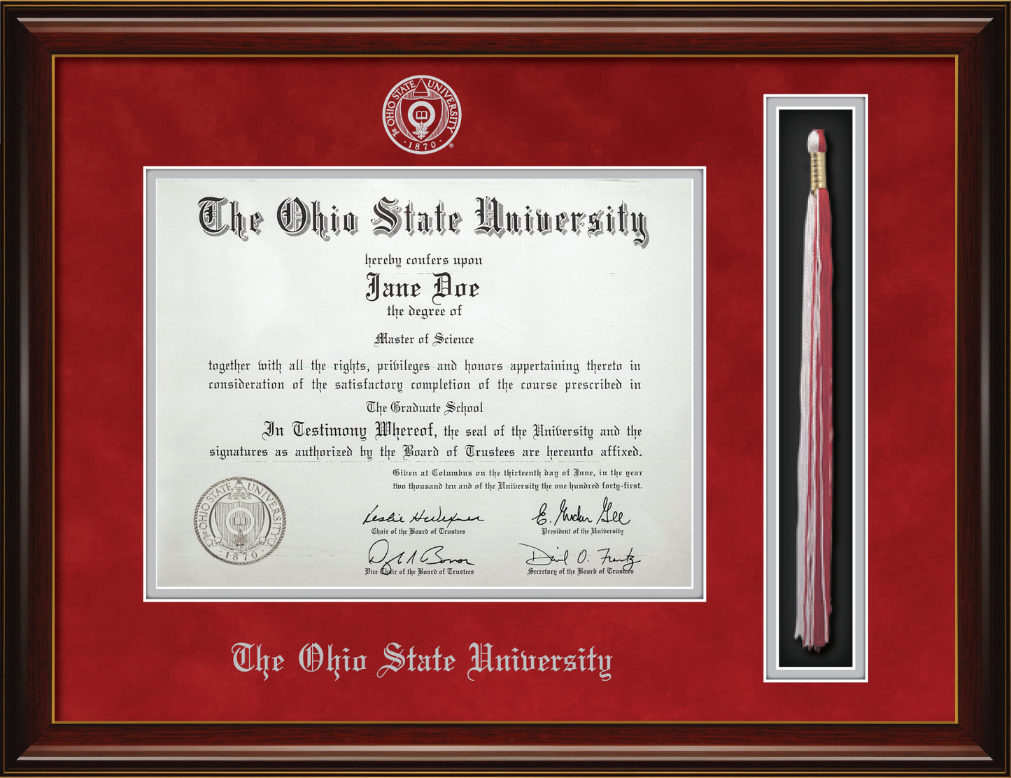 Ohio State University Diploma Frame with Tassel Holder – Officially Licensed - Glossy Mahogany Frame with Gold Accent Lines and Blaze Red Suede and Silver Mats. Silver Embossed OSU School Seal and Ohio State University Olde English Lettering